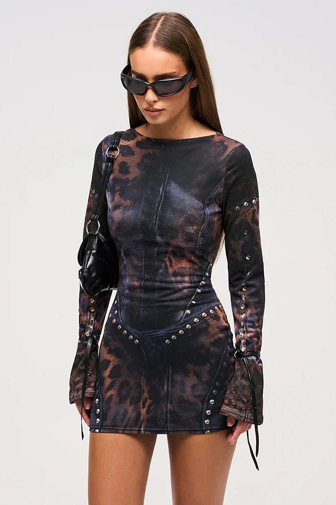 Women's Gothic Mesh Print Bodycon Mini Dress with Studded Details