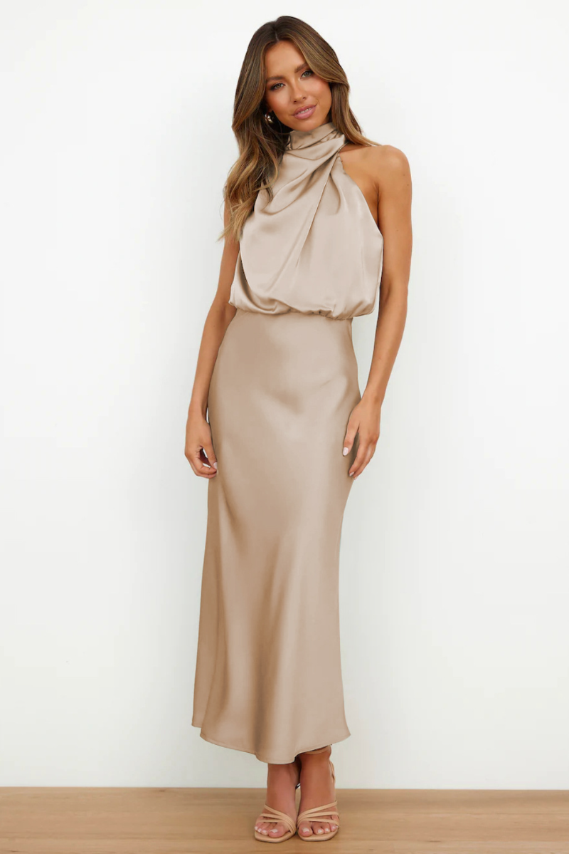 Women's Elegant Satin High Neck Sleeveless Midi Dress