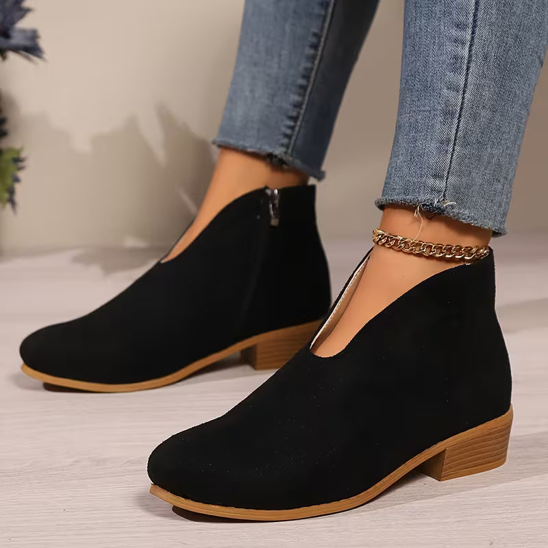 Damen klassische Stiefeletten mit seitlichem Reißverschluss und niedrigem Blockabsatz