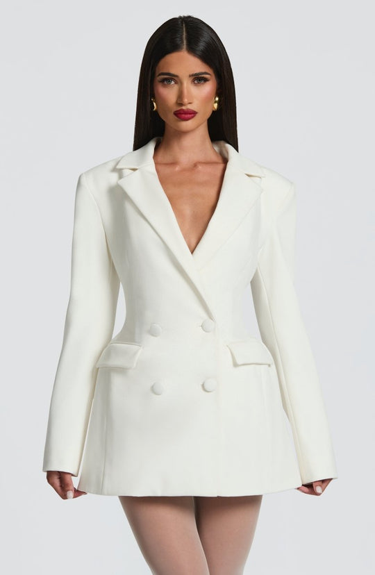Women's Tailored Double-Breasted Blazer Mini Dress with Scarf