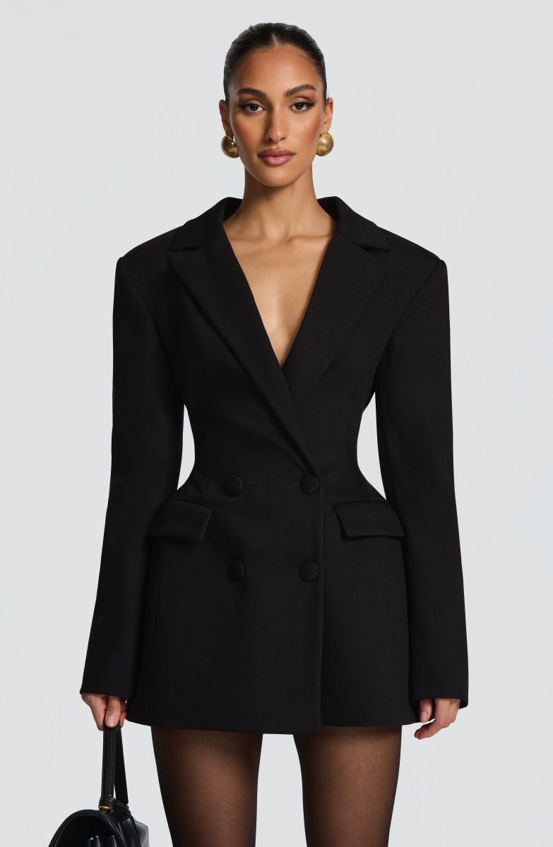 Women's Tailored Double-Breasted Blazer Mini Dress with Scarf