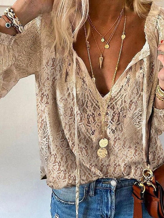 Women's Bohemian Floral Lace V-Neck Blouse
