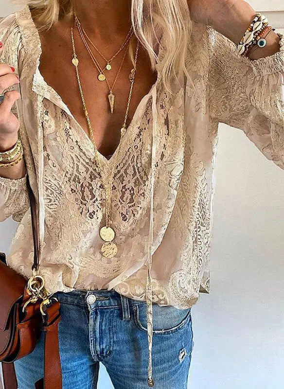 Women's Bohemian Floral Lace V-Neck Blouse