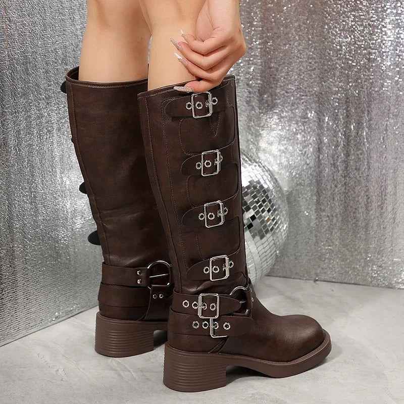 Women's Buckle Strap Mid Calf Biker Boots