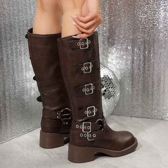 Women's Buckle Strap Mid Calf Biker Boots