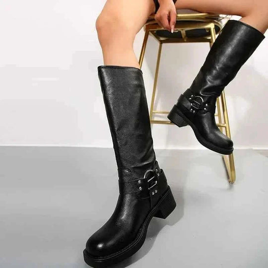 Women's Buckle Strap Mid Calf Biker Boots