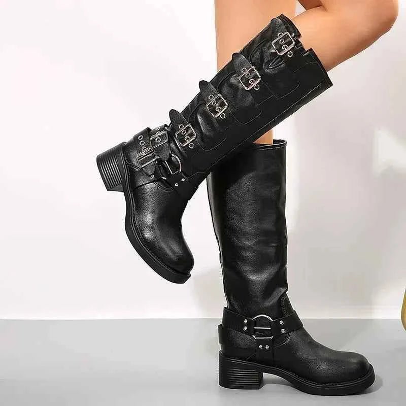 Women's Buckle Strap Mid Calf Biker Boots