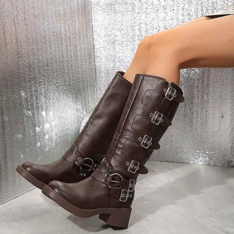 Women's Buckle Strap Mid Calf Biker Boots