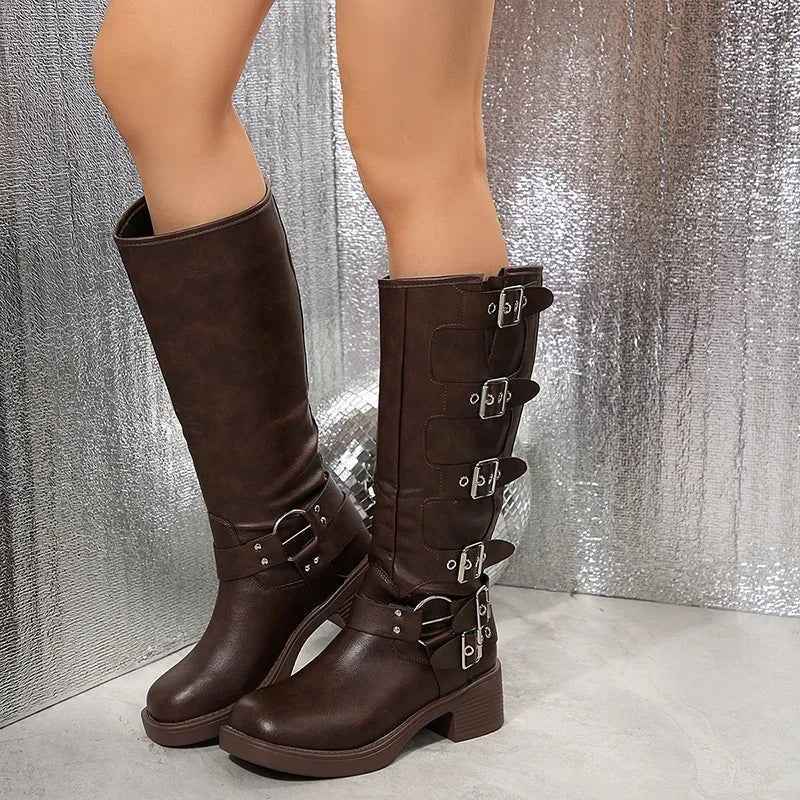 Women's Buckle Strap Mid Calf Biker Boots
