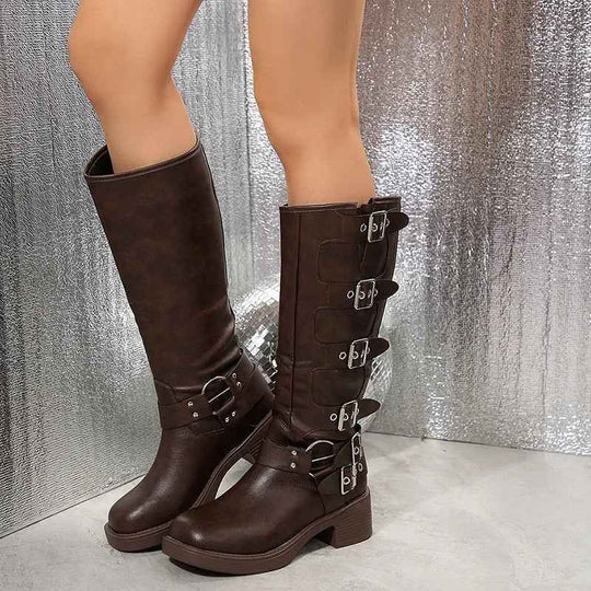 Women's Buckle Strap Mid Calf Biker Boots