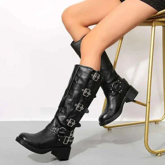 Women's Buckle Strap Mid Calf Biker Boots