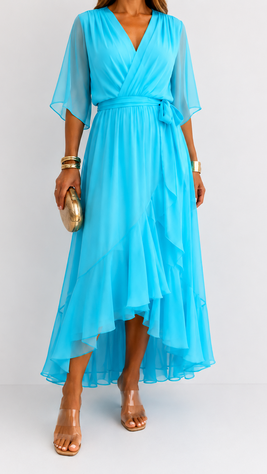 Women's V-Neck Tie Waist High Low Midi Dress