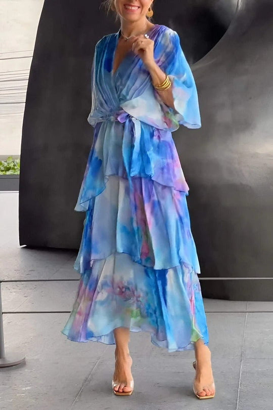 Women's Watercolor Printed Layered Chiffon Maxi Dress