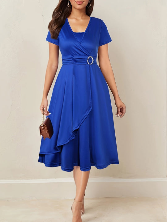 Women's Wrap Midi Dress with Decorative Waist Buckle