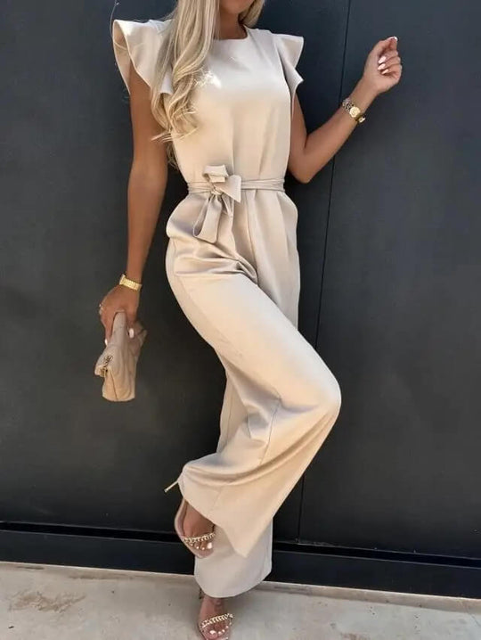 Women's Elegant Ruffle Sleeve Belted Wide-Leg Jumpsuit
