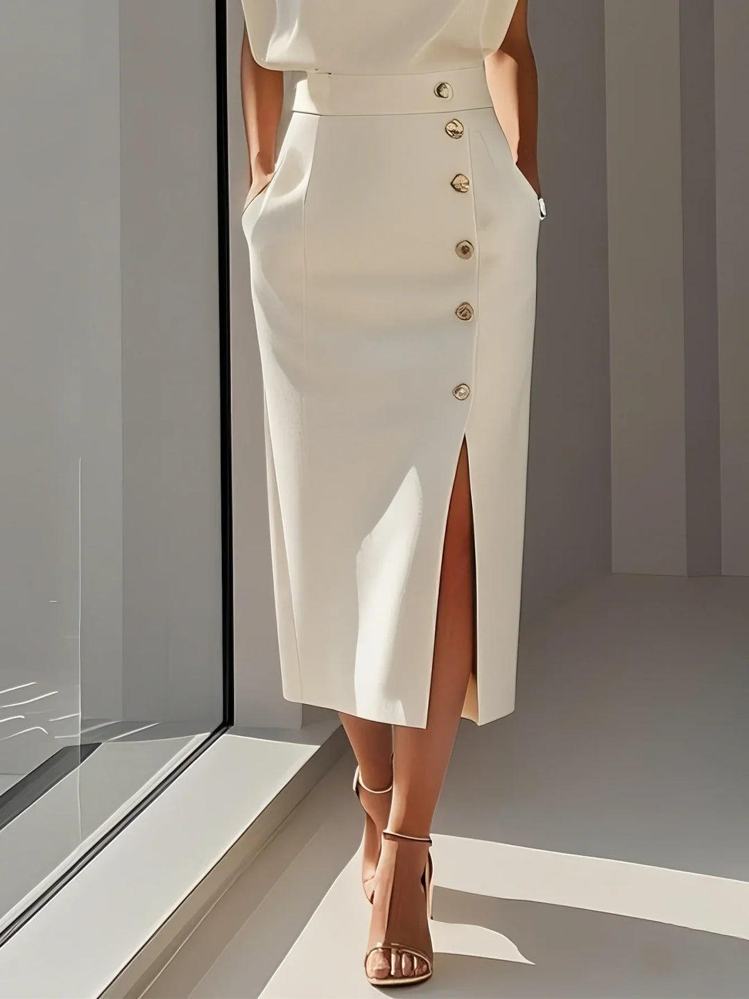 Elegantes ärmelloses Damenblusen- und Midirock-Set mit Knopfdetail