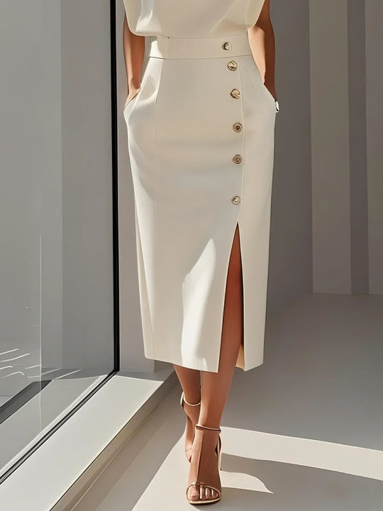 Elegantes ärmelloses Damenblusen- und Midirock-Set mit Knopfdetail