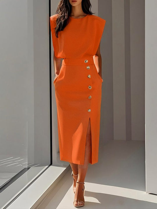 Elegantes ärmelloses Damenblusen- und Midirock-Set mit Knopfdetail