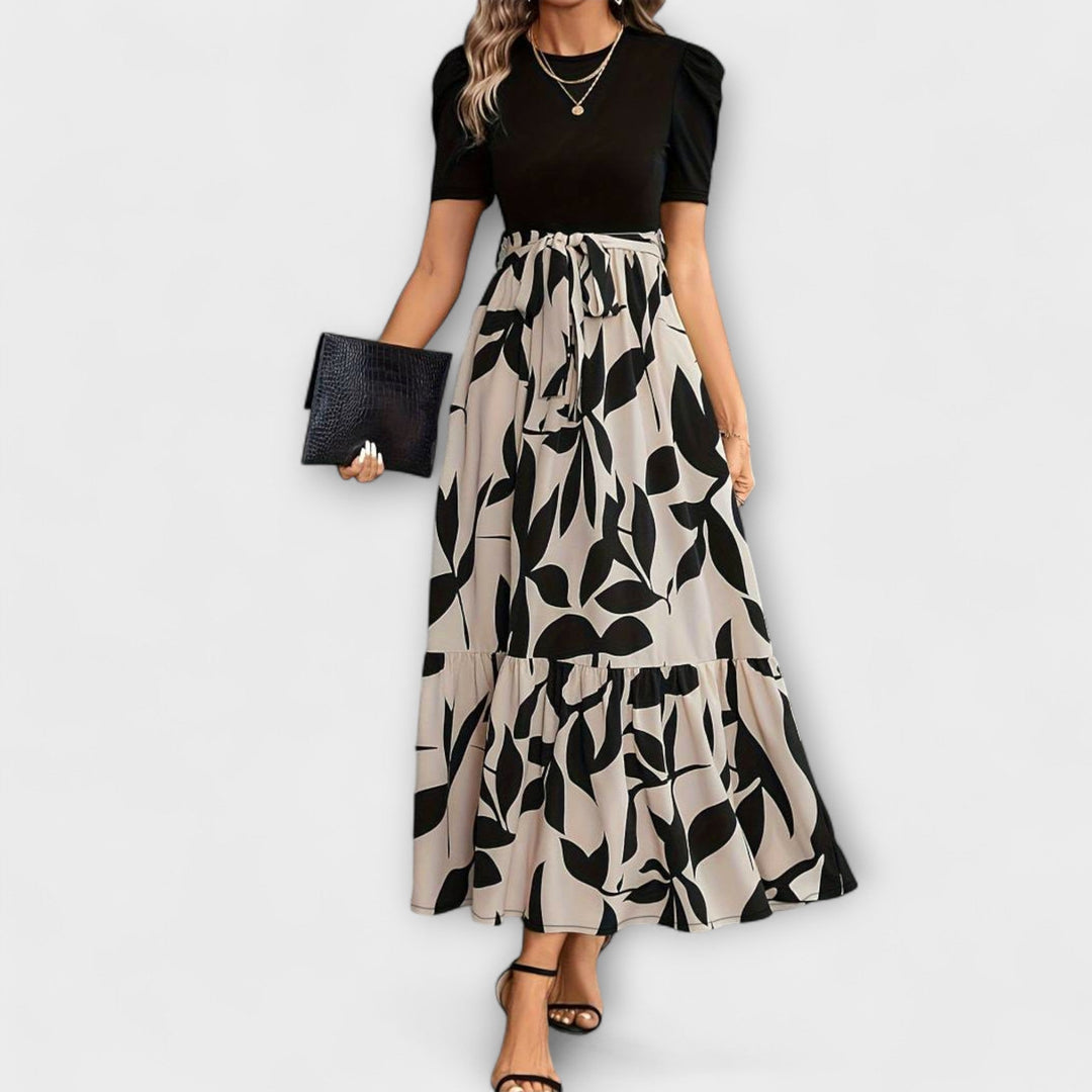 Women's Printed Two-Tone Maxi Dress with Leaf Print Skirt
