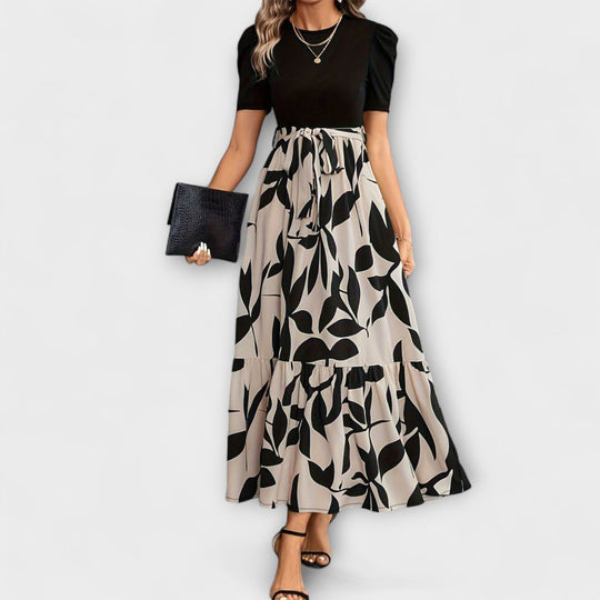 Women's Printed Two-Tone Maxi Dress with Leaf Print Skirt