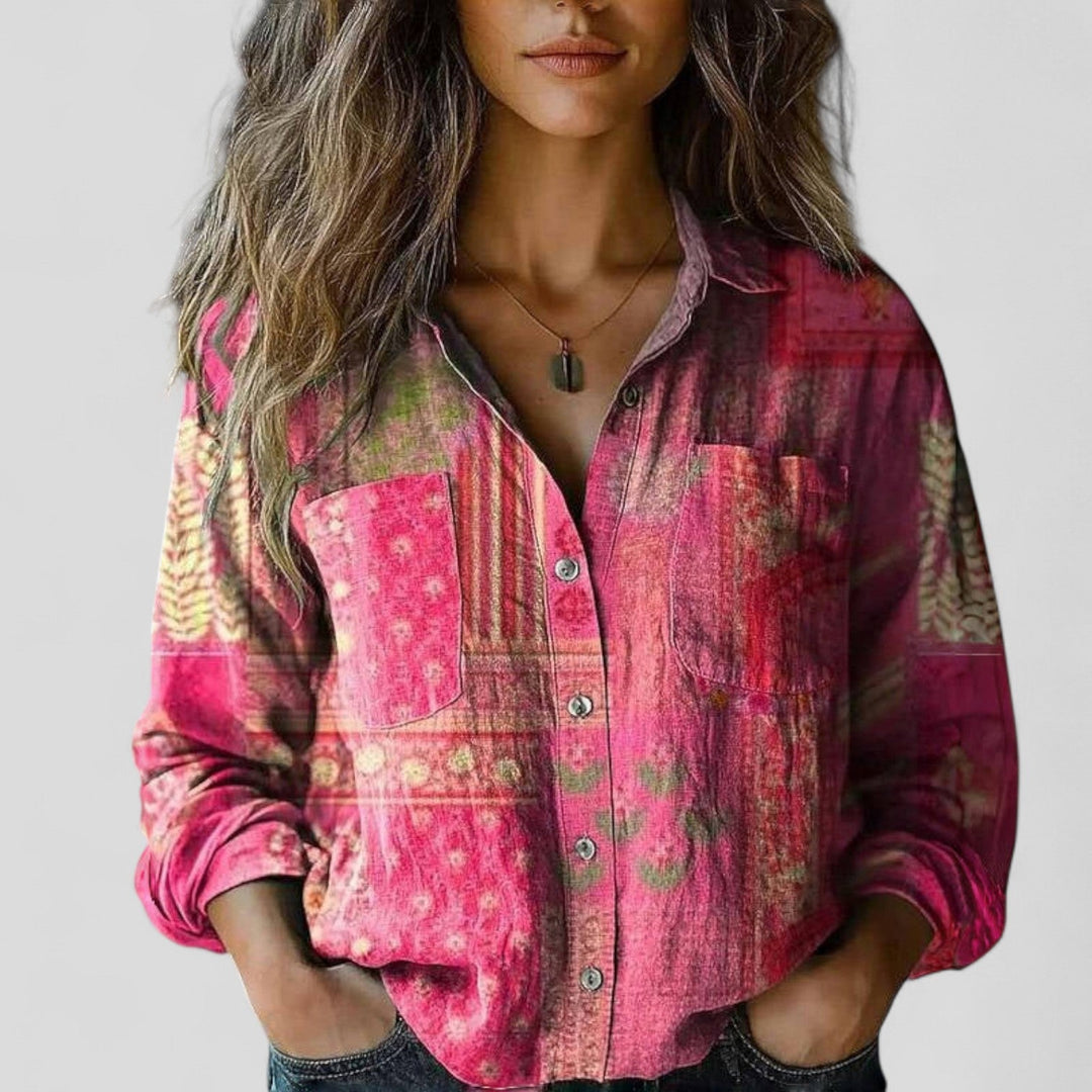 Damen Vintage Boho Bluse mit Knopfleiste und Print