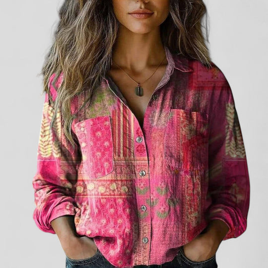 Damen Vintage Boho Bluse mit Knopfleiste und Print