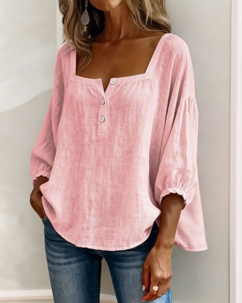 Women's Relaxed Square-Neck Button Detail Blouse