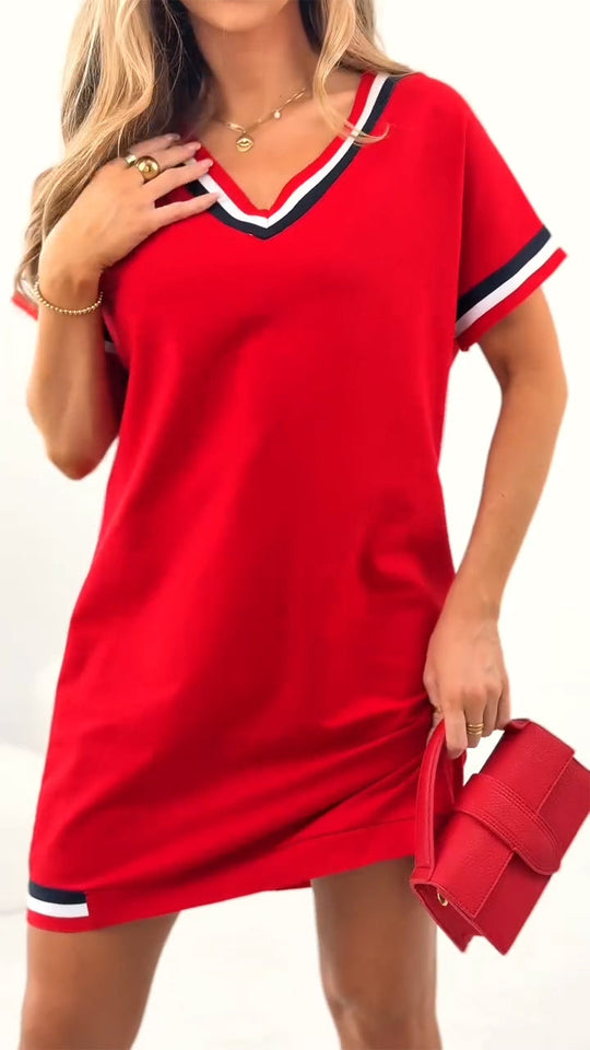 Damen T-Shirt-Kleid mit kontrastierendem V-Ausschnitt und Besatz