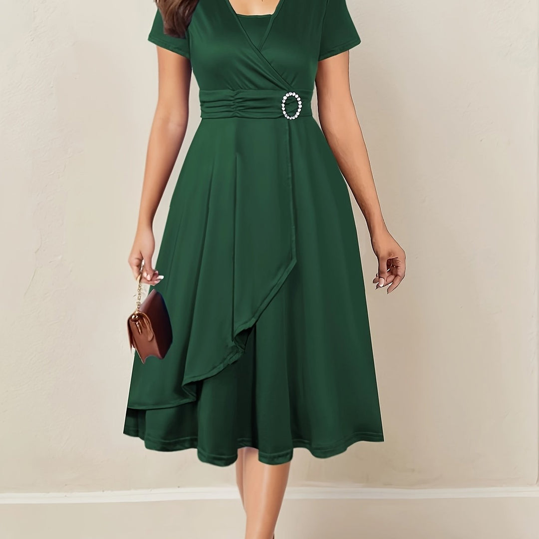 Women's Wrap Midi Dress with Decorative Waist Buckle