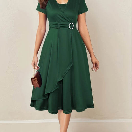 Women's Wrap Midi Dress with Decorative Waist Buckle