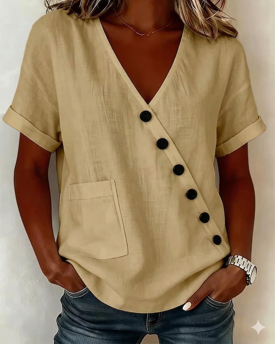 Damen Asymmetrische Bluse mit V-Ausschnitt und Knöpfen, leger