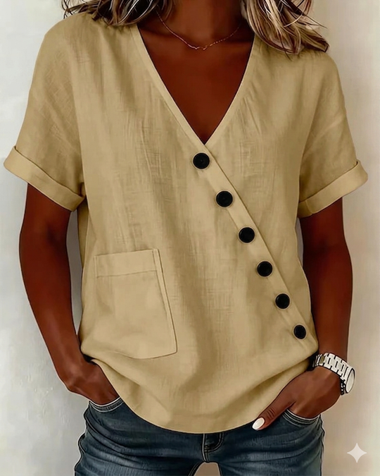 Damen Asymmetrische Bluse mit V-Ausschnitt und Knöpfen, leger