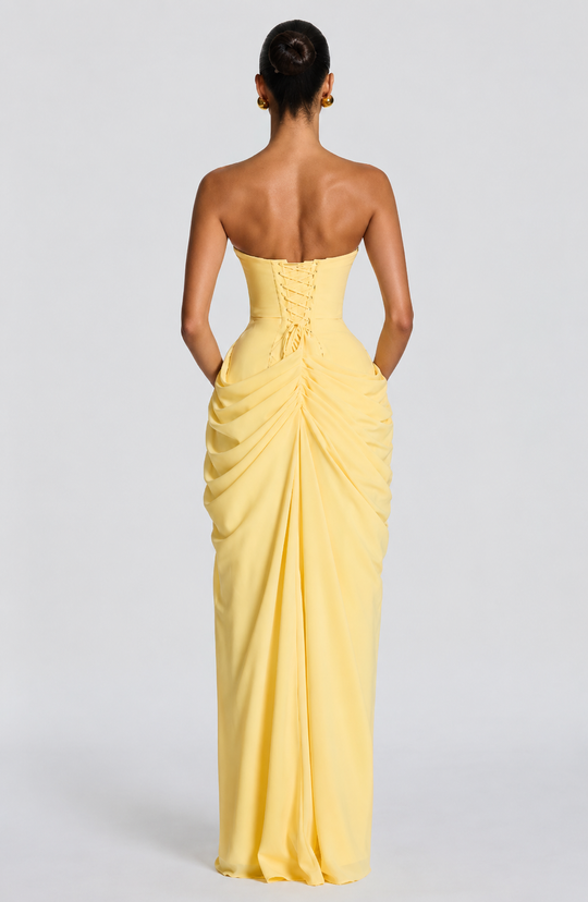 Women's Strapless Draped High Slit Maxi Evening Dress