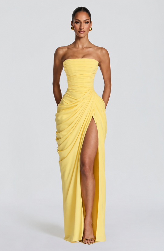 Women's Strapless Draped High Slit Maxi Evening Dress