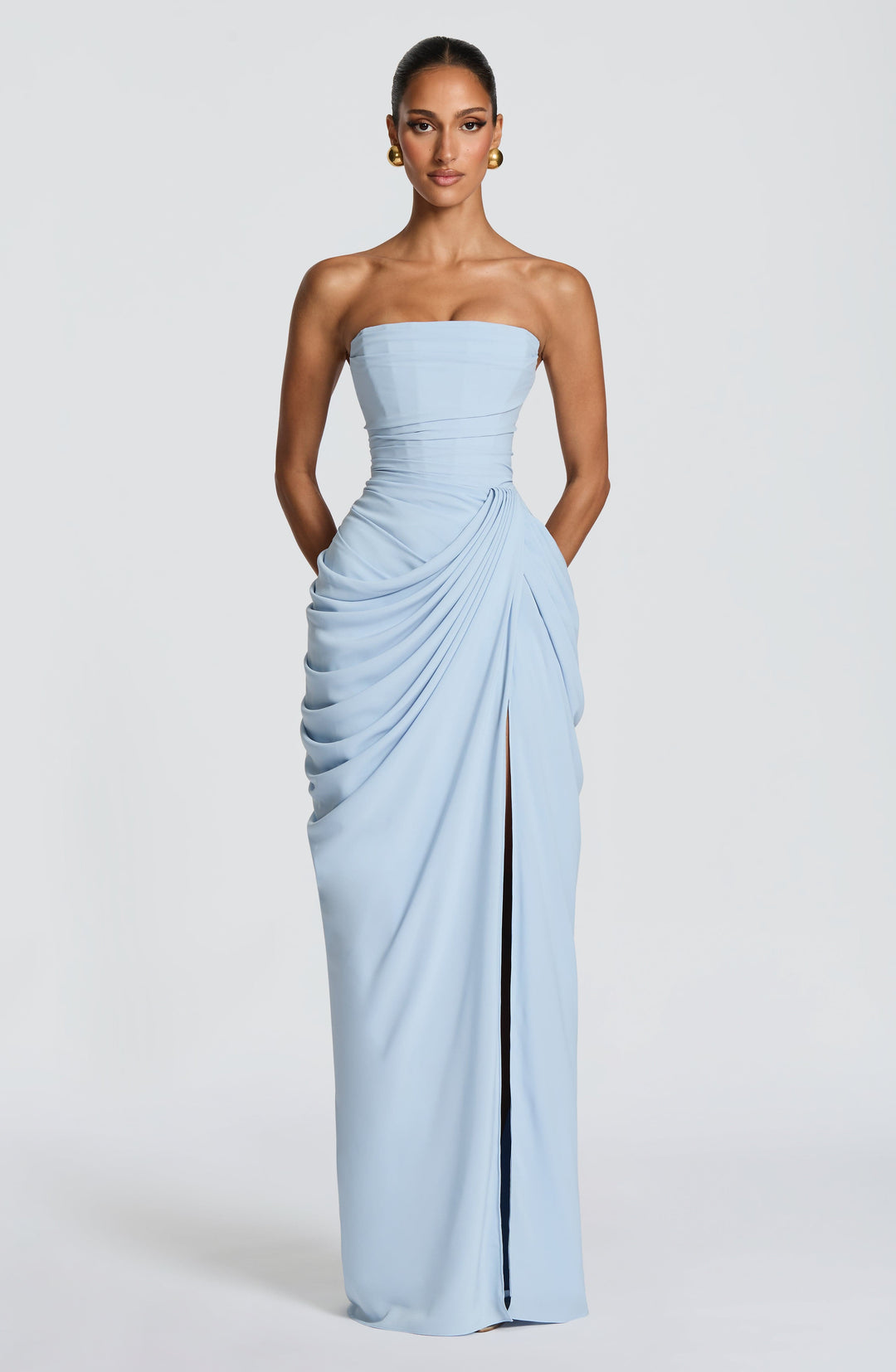 Women's Strapless Draped High Slit Maxi Evening Dress