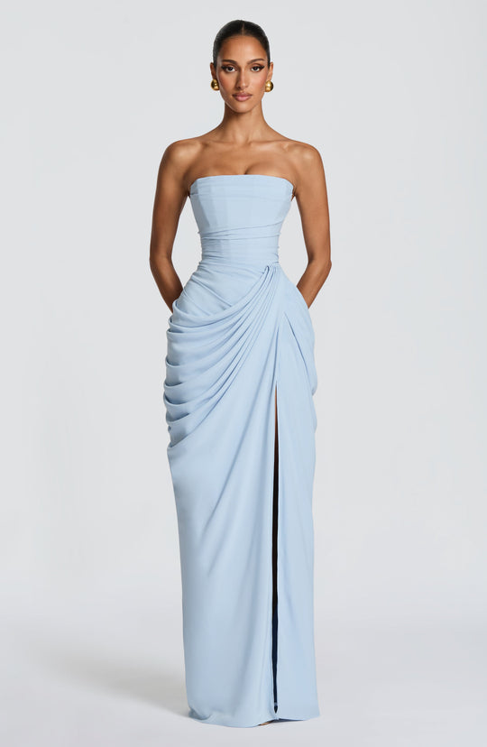 Women's Strapless Draped High Slit Maxi Evening Dress