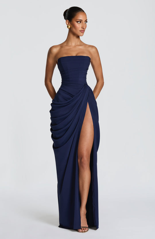 Women's Strapless Draped High Slit Maxi Evening Dress