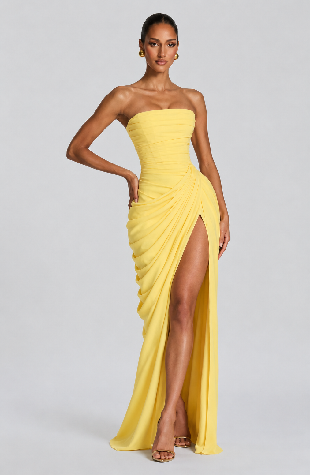 Women's Strapless Draped High Slit Maxi Evening Dress