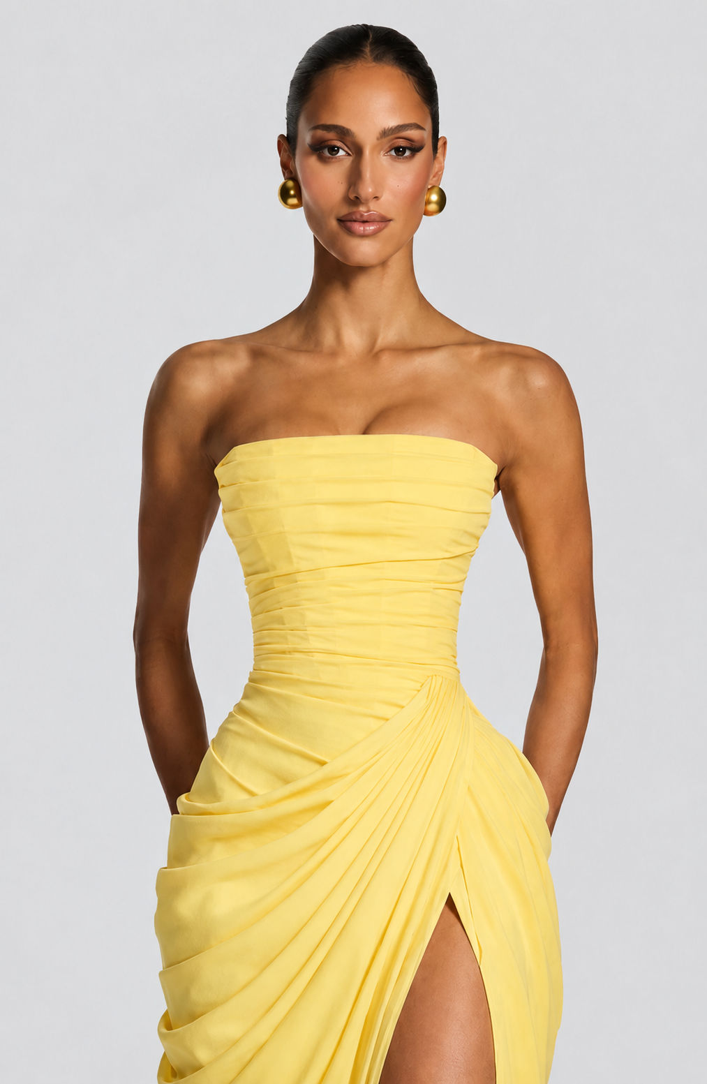 Women's Strapless Draped High Slit Maxi Evening Dress