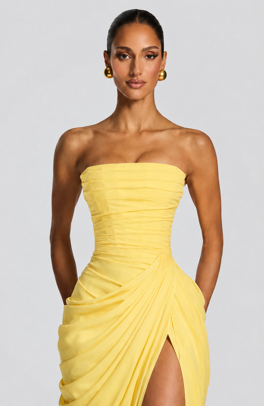 Women's Strapless Draped High Slit Maxi Evening Dress