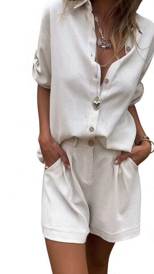 Women's Button-Up Shirt and Shorts Two-Piece Set