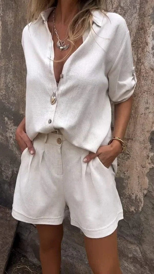 Women's Button-Up Shirt and Shorts Two-Piece Set