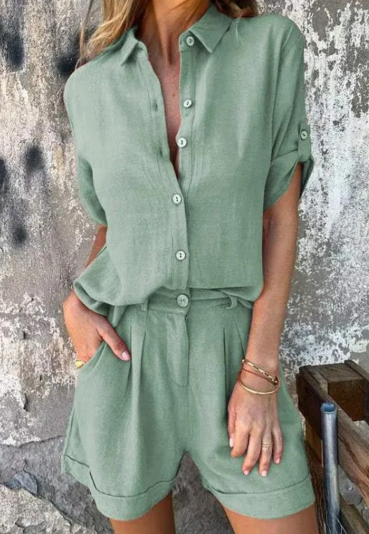 Women's Button-Up Shirt and Shorts Two-Piece Set