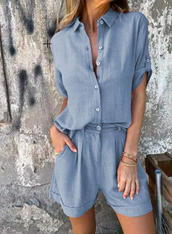 Women's Button-Up Shirt and Shorts Two-Piece Set