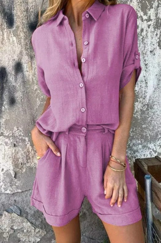 Women's Button-Up Shirt and Shorts Two-Piece Set
