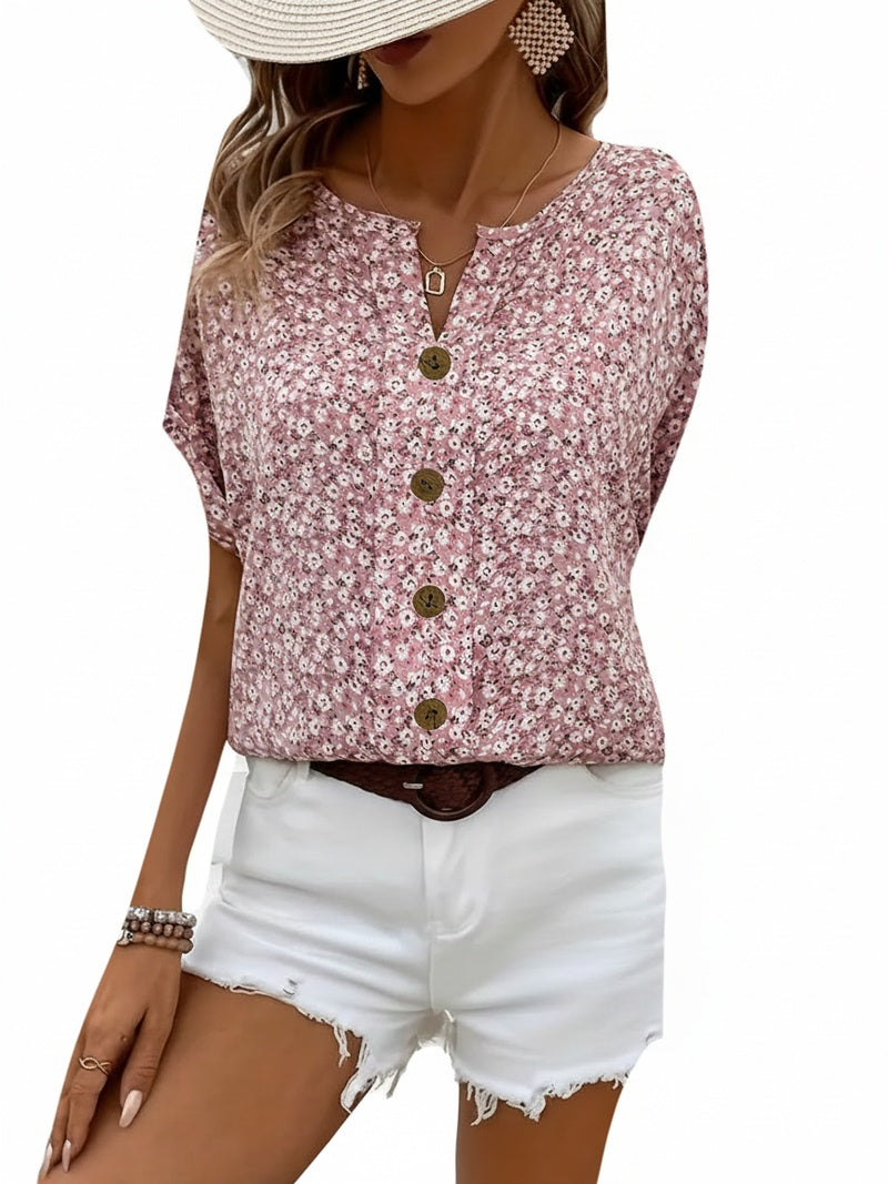 Women's Floral Print Short Sleeve Blouse with Button Detail
