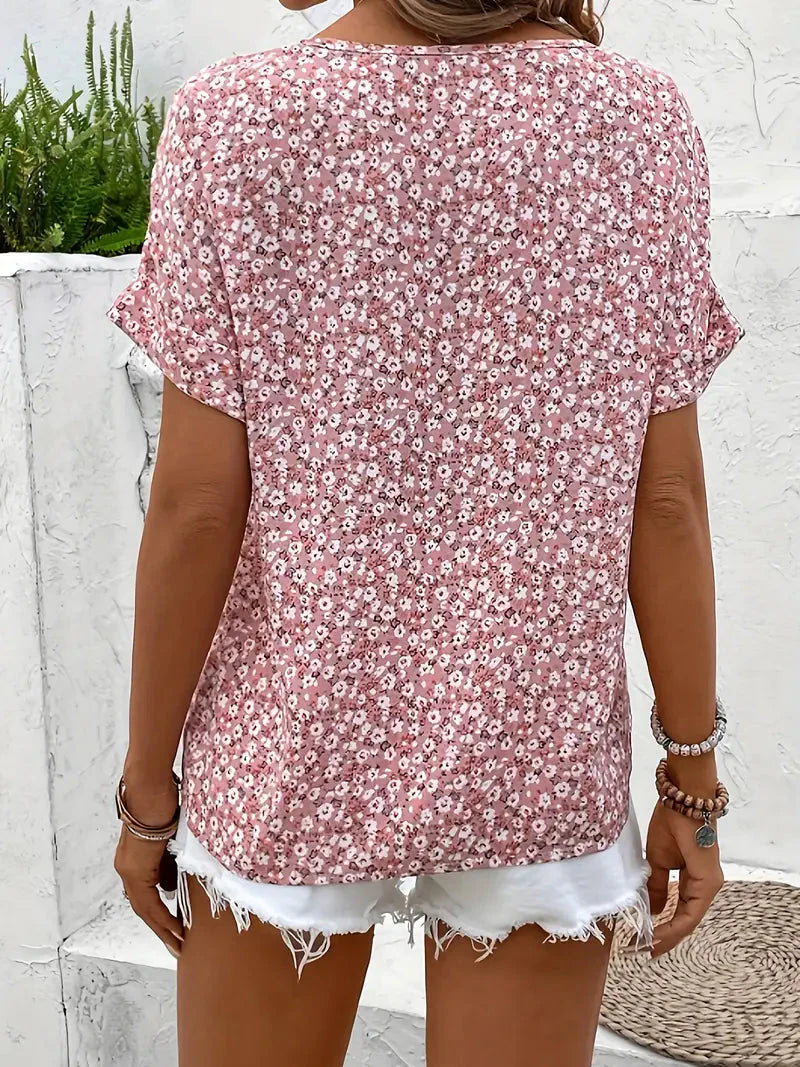 Women's Floral Print Short Sleeve Blouse with Button Detail