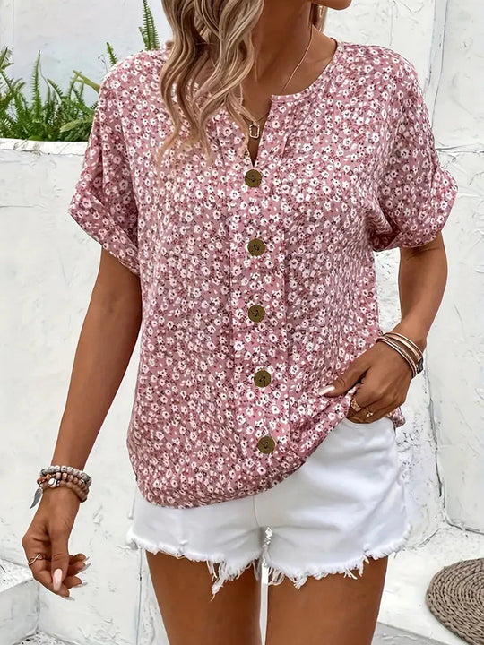 Women's Floral Print Short Sleeve Blouse with Button Detail