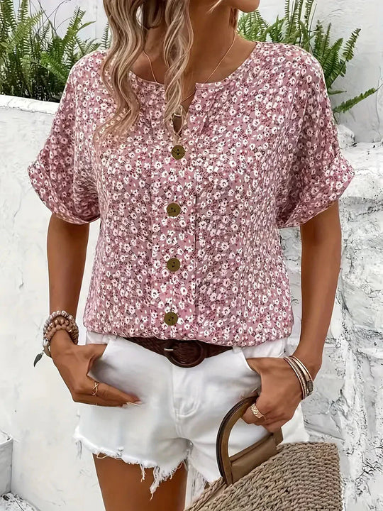 Women's Floral Print Short Sleeve Blouse with Button Detail