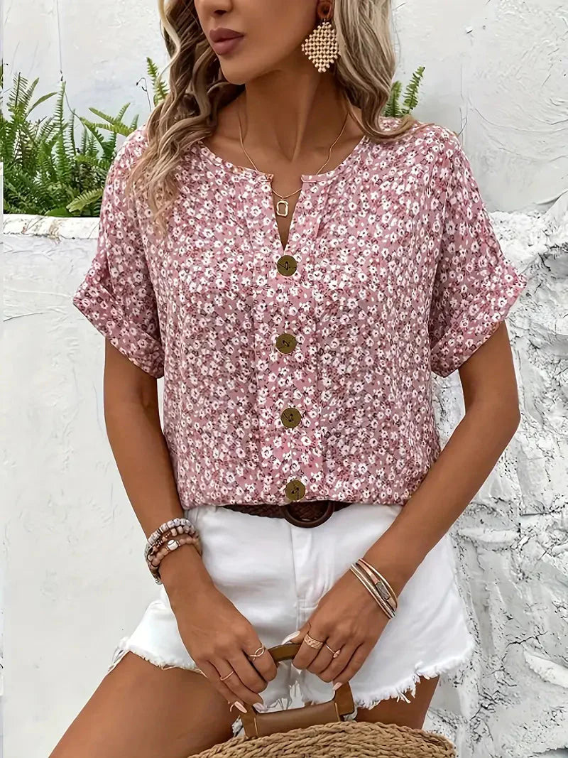 Women's Floral Print Short Sleeve Blouse with Button Detail